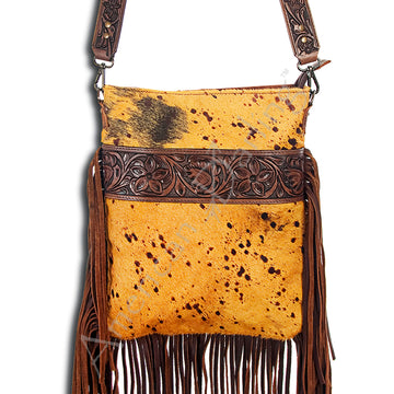 American Darling ADBGS192YLAC2A Messenger Hand Tooled Hair On Genuine Leather Women Bag Western Handbag Purse